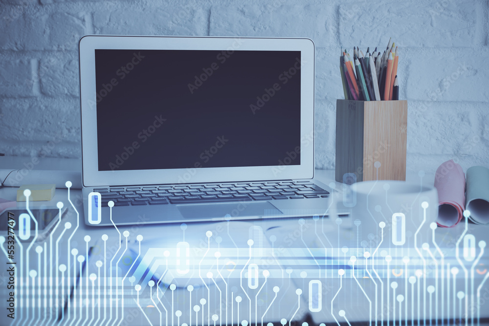 Poster Double exposure of desktop with personal computer on background and tech theme drawing. Concept of Bigdata.