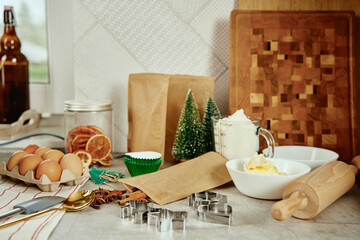 Ingredient for cake on kitchen table. Cooking a home