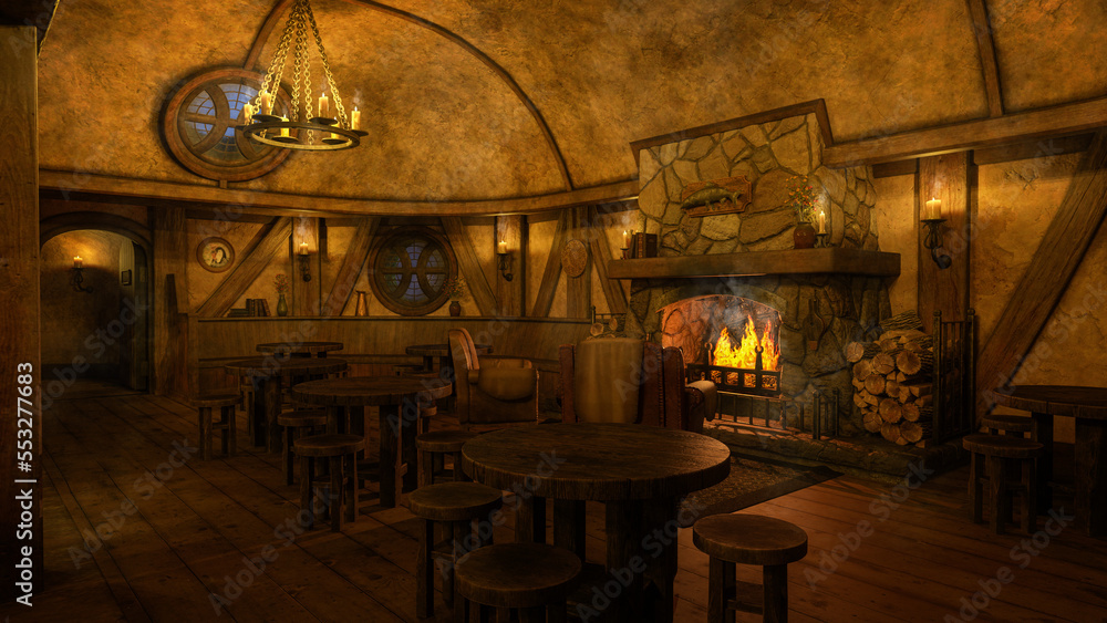 Leinwandbilder medieval tavern inn bar with open fire burning in the evening with candlelight. 3d rendering.