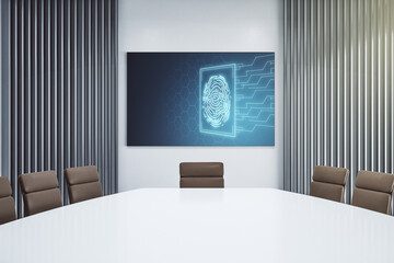 Abstract creative fingerprint hologram on presentation tv screen in a modern meeting room, research and development concept. 3D Rendering