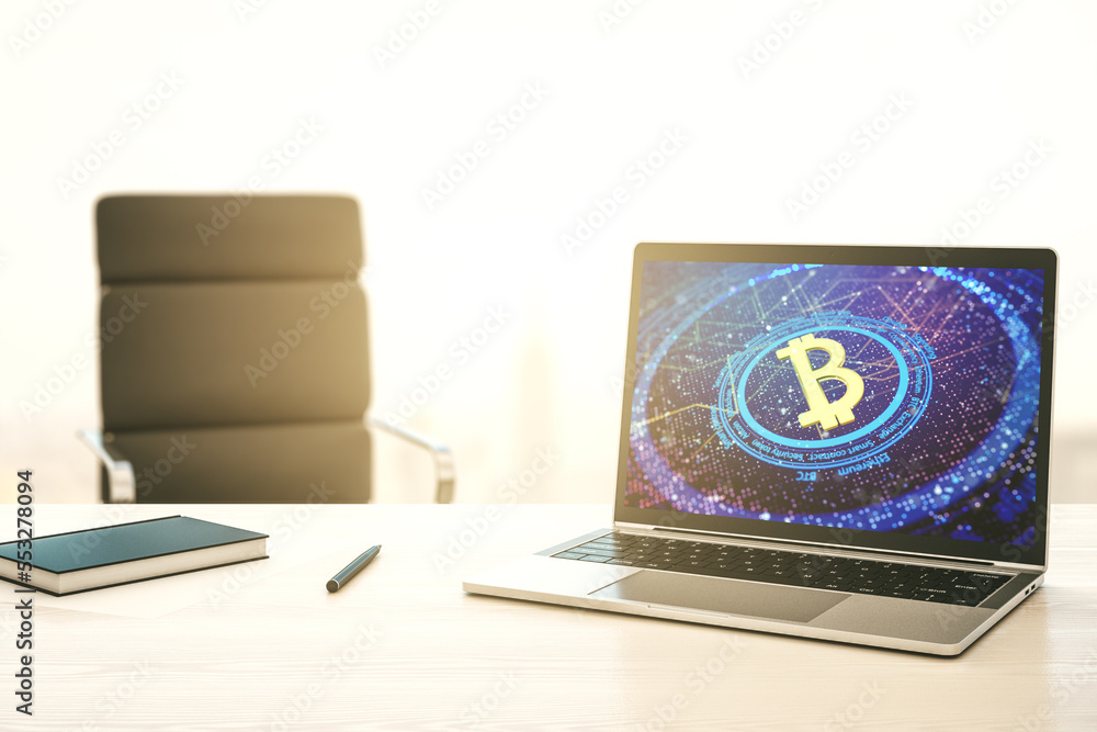 Poster Creative Bitcoin concept on modern computer monitor. 3D Rendering
