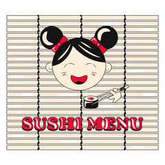 Cute Girl Eating Sushi Bamboo Sushi Mat