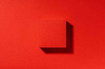 Mock up red minimal scene for product presentation made with square textured cube. Top view, copy...
