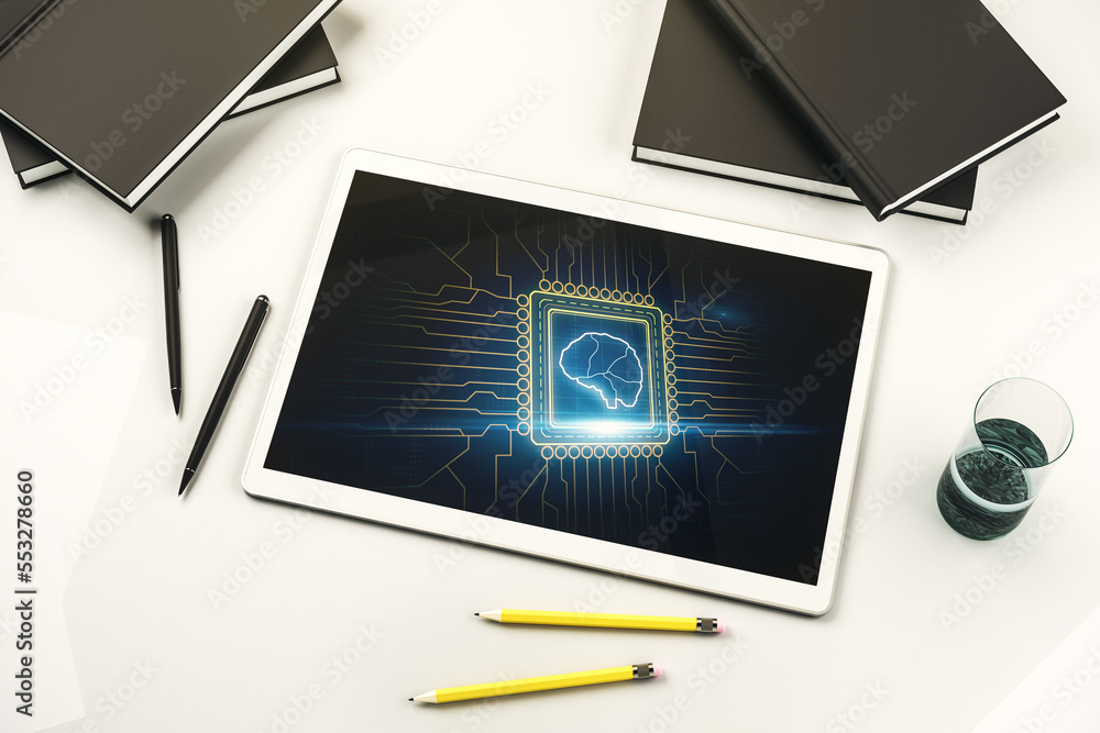 Poster Top view of modern digital tablet monitor with creative artificial Intelligence symbol. Neural networks and machine learning concept. 3D Rendering