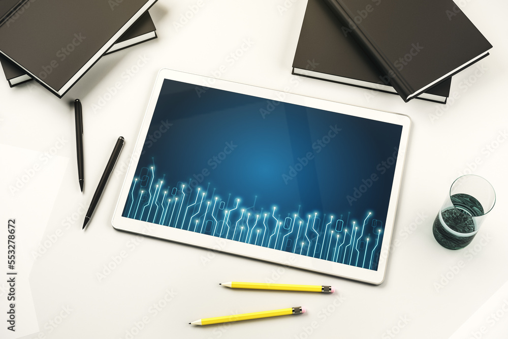 Poster Top view of modern digital tablet monitor with circuit hologram. Research and development hardware concept. 3D Rendering