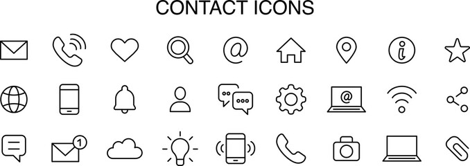Contact thin line icons set. 27 icons. Basic contact icon. Contact editable stroke icons. PNG image