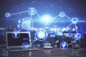 Computer on desktop with social network theme icon. Multi exposure. Concept of international connections.