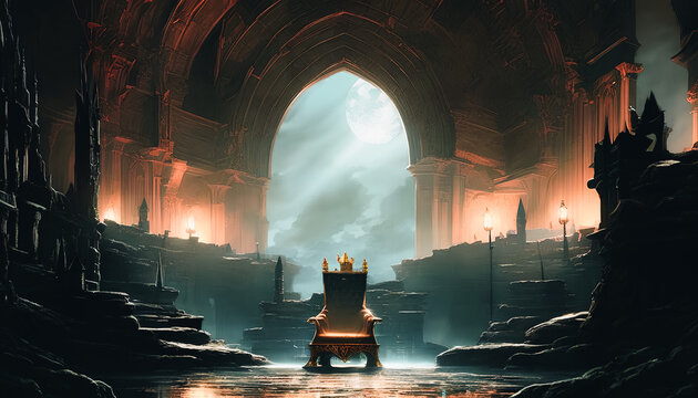 Painting of throne of the kings, royal throne in a medieval castle, with a dark and foreboding atmosphere permeating the scene.