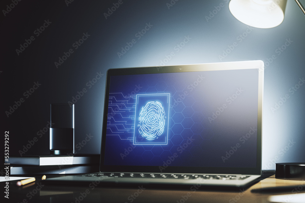 Aufkleber abstract creative fingerprint illustration on modern laptop monitor, digital access concept. 3d rend