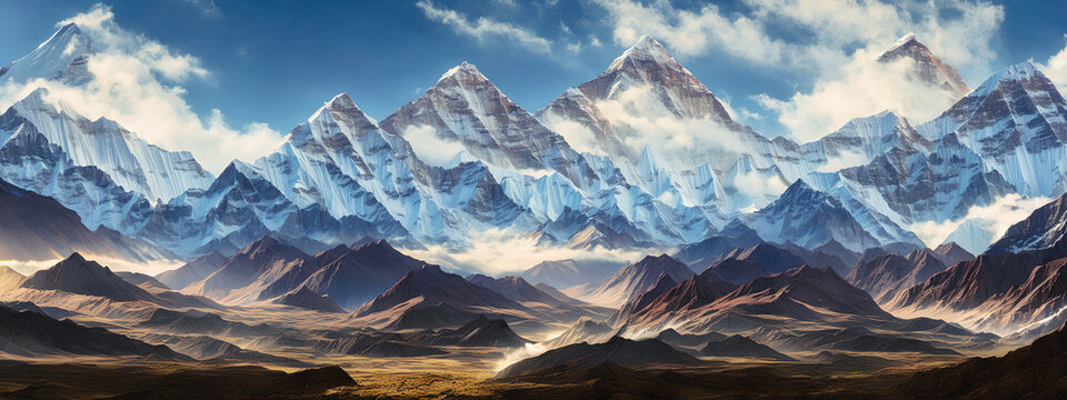Painting of panoramic view of great Himalayan range at sunset, with the mountains glowing in the warm light of the setting sun.