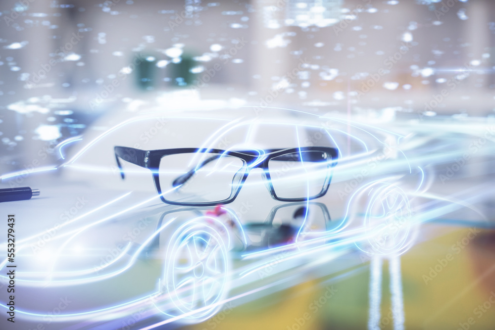 Poster automobile theme hologram with glasses on the table background. autopilot concept. double exposure.