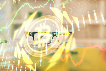 Crypto theme hologram with glasses on the table background. Concept of blockchain. Double exposure.