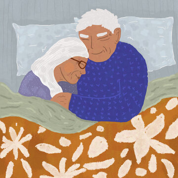 Vector illustration of loving senior couple hugging while lying in bed