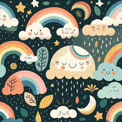 Tuinposter pattern with clouds and stars, boho rainbow pattern with modern pastel rainbows, background Vector seamless © SHArtistry