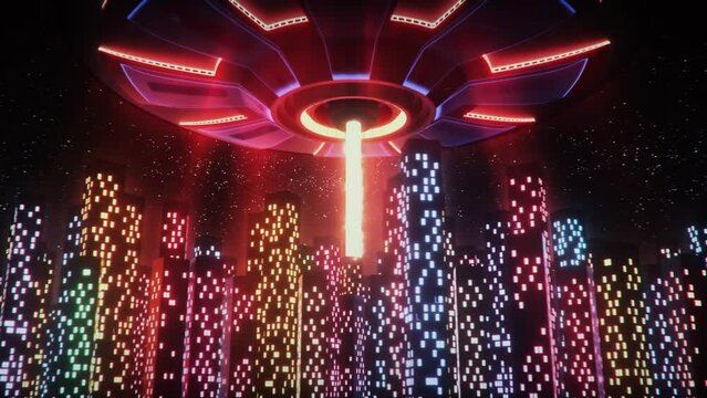 Ufo over the City Skyscrapers - Loop Scifi Abstract Landscape Animation Background