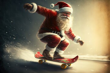 Santa Claus drive on the skateboard delivering gifts