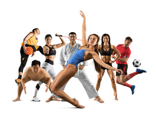 Sport collage. Fitness, basketball, karate and soccer players. Fit woman and man standing isolated on white
