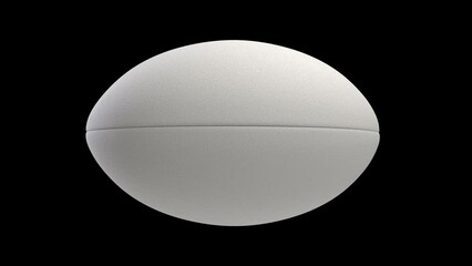 A seamlessly loop able animation of a generic white textured rugby ball spinning and rotating on black background