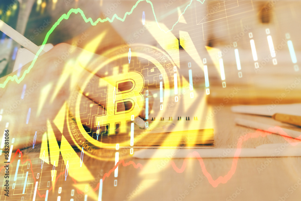 Poster man's hands working with notes background. cryptocurrency and finance concept.