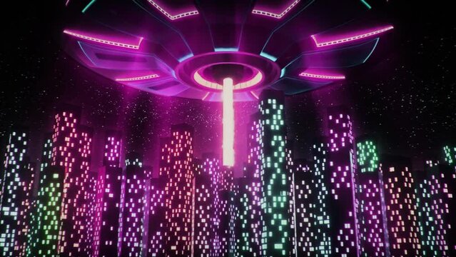 Ufo over the City Skyscrapers - Loop Scifi Abstract Landscape Animation Background V2
