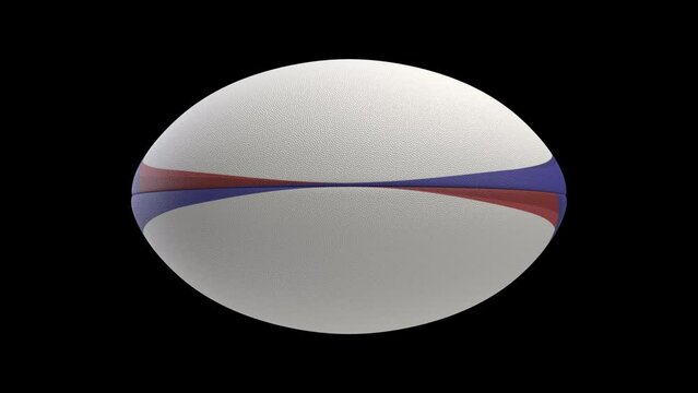 A seamlessly loop able animation of a white textured rugby ball with blue and red colour design elements spinning and rotating on black background
