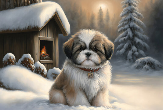 A Cute Fluffy Shih Tzu puppy sitting with a winter snow background, Generative AI