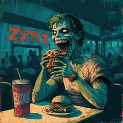 Zombie eating a burger at the mall, food court, Generative AI, Generative, AI