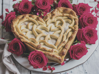 heart shaped apple pie with roses