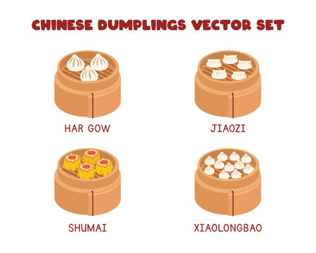 Set of Chinese Dumplings in bamboo steamer vector design illustration, clipart cartoon style. Har Gow, Dim Sum, Jiaozi, Xiaolongbao. Asian food