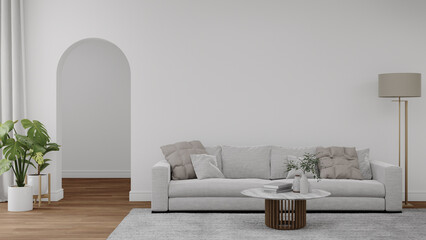 Empty white arch wall with sofa and carpet on wooden floor. 3d rendering of interior living room.