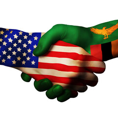 Two hands with American and Zambian flags shaking together. Concept of USA,Zambia deal