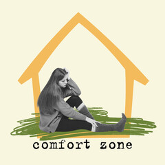 Contemporary art collage. Conceptual design. Young girl sitting on floor in despair and depression....
