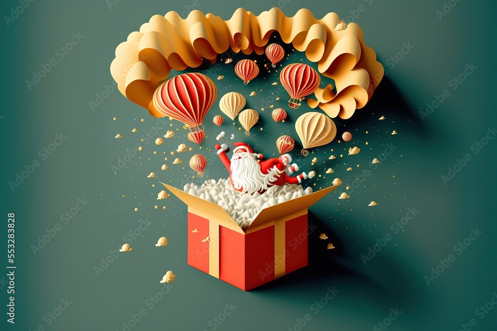 Wall mural Paper art of Gift box dropping from Santa Claus, merry Christmas and happy new year celebration concept