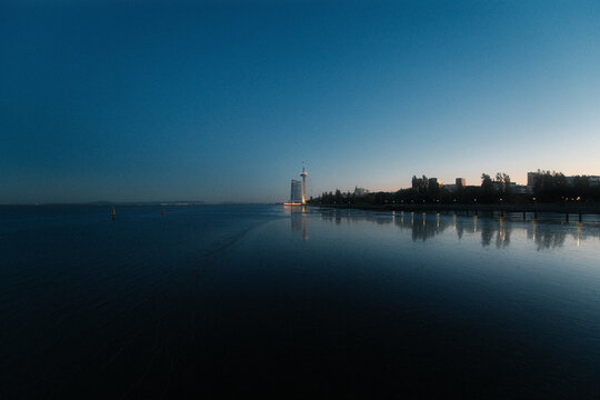 Torre Vasco da Gama Tower After Sunset, Blue Hour, River, Ocean, Clear Sky, Lisbon
