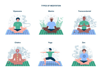 Meditation practice forms set. Zen, yoga, chakra, transcendental, mantra,