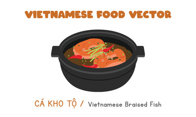 Vietnamese braised fish cooked in black pot flat vector design. Ca Kho To clipart cartoon style. Asian food. Vietnamese cuisine