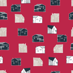 Seamless pattern with townscape in Color of The Year, Viva Magenta. Residential district. Small houses in urban, suburban or countryside landscape for surface design and other design projects