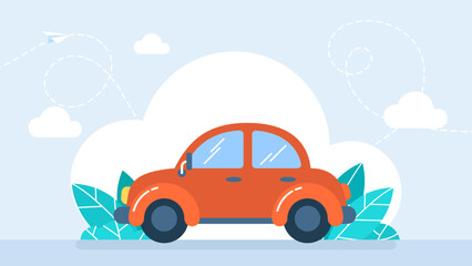 A cartoon red car on a background of white clouds and green plants. Car icon. Auto simple silhouette. Modern, minimalist icon. Web site page and mobile app. Flat design. Vector illustration