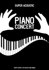 Fototapeta premium Music keyboard, pianist's hands, festival poster, media banner with the words Piano concert, super acoustic. Vector illustration digital design.