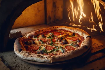 Foto op Plexiglas Baked margherita pizza in traditional wood oven. AI © Oleksandr Blishch