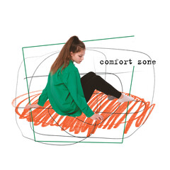 Contemporary art collage. Conceptual design. Young girl afraid to move out comfort zone, sitting...