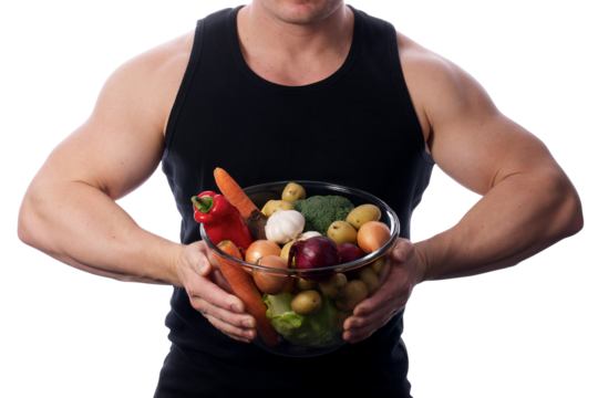 Strong, fit, muscular man holding a bowl of mixed vegetables, between his hands, in front of him. He is flexing his muscles. Transparent PNG