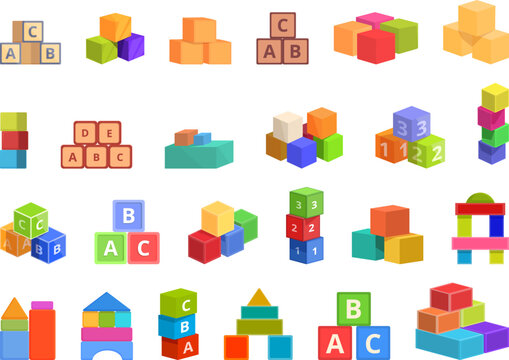 Children building blocks icons set cartoon vector. Wooden toy. Kid block