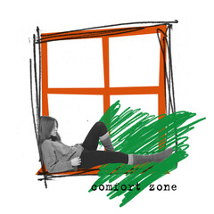 Contemporary art collage. Conceptual design. Young girl sitting at home alone. Introvert lifestyle....