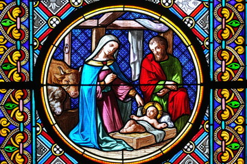 Nativity Scene. Stained glass window in the Cathedral. Basel, Switzerland - December 2022