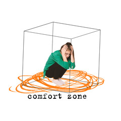 Contemporary art collage. Conceptual design Fearful, depressed young girl sitting in illusional...