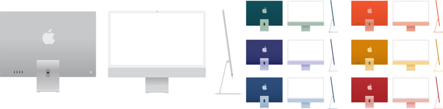 Set of realistic mockups of the new iMac 24 in 7 colors on transaprent background with blank screens. Apple iMac set. Front, back and side views. PNG image