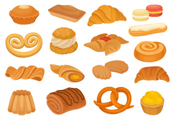 French Bakery and Pastry of Wheat Dough Big Vector Set