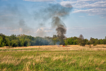Fototapeta na wymiar People burn a huge fire in the field