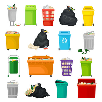 Trash and Garbage Bin Plastic Containers and Bags Big Vector Set
